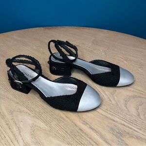 CHANEL Tweed Black Silver Calfskin Cap Toe CC Slingback Pumps Women’s Size 36